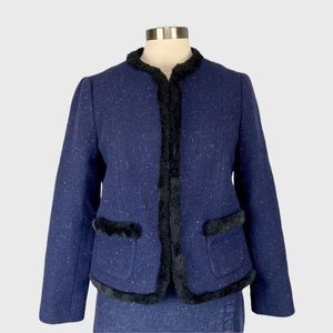 Talbots Womens Petite Blue Blazer Wool Blend Faux Fur Trim Hook Front size 10